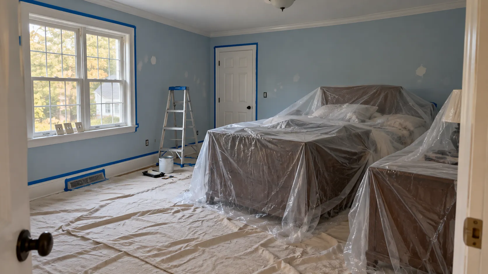Bedroom in a New Jersey home with the bed and dresser moved to the center and covered in plastic, drop cloths across the floor and a plastic-sealed heating vent in the baseboard