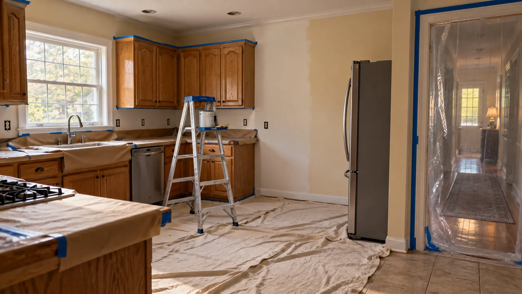 Kitchen in a New Jersey home partway through painting, with countertops and the stovetop covered in protective paper, a ladder beside the cabinets and the hallway doorway closed off with plastic sheeting
