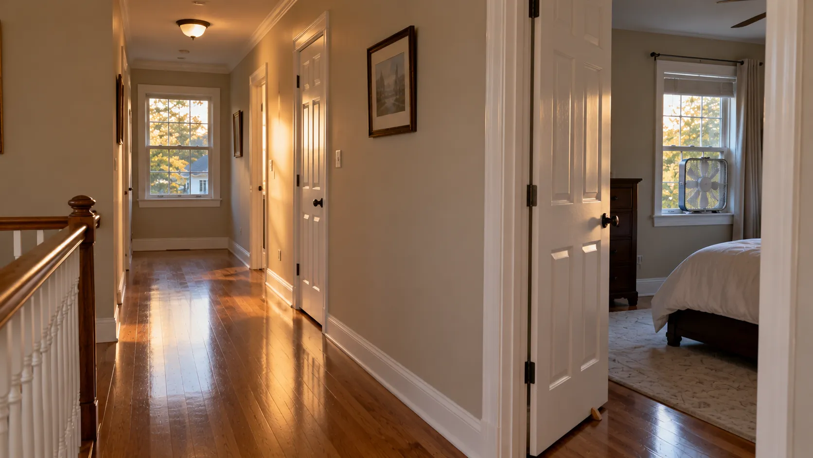 Freshly painted hallway and bedroom doorway in a New Jersey home at the end of a work day, with the floor clear, a box fan in the open window and the door propped open on a shim