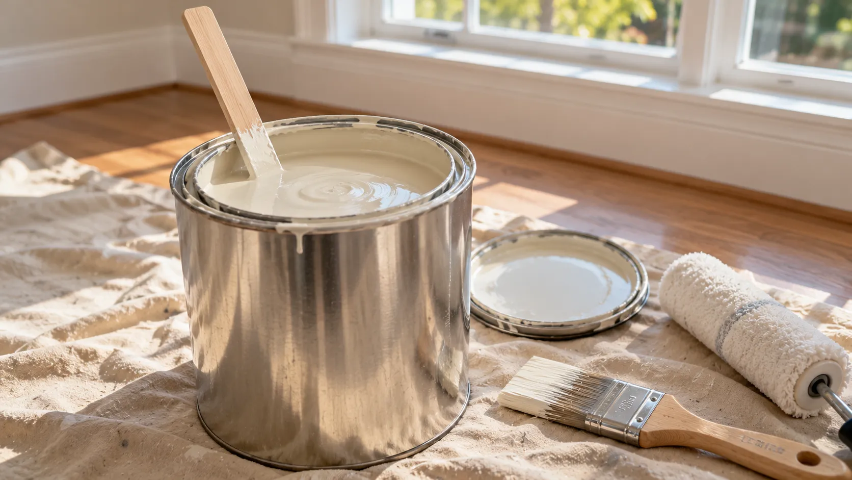 Close-up of an open gallon of white interior paint on a drop cloth beside a stir stick and roller, with a bright open window behind