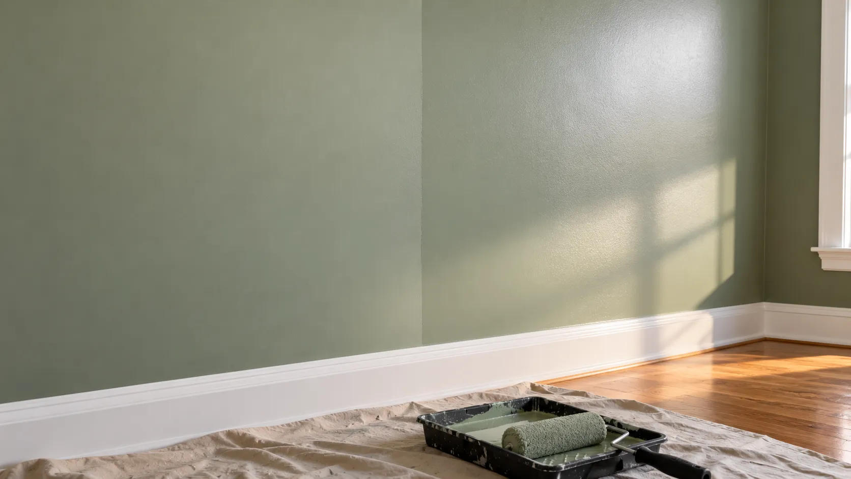 Satin vs eggshell paint side by side on one interior wall, with low morning light showing the slightly stronger glow of the satin half