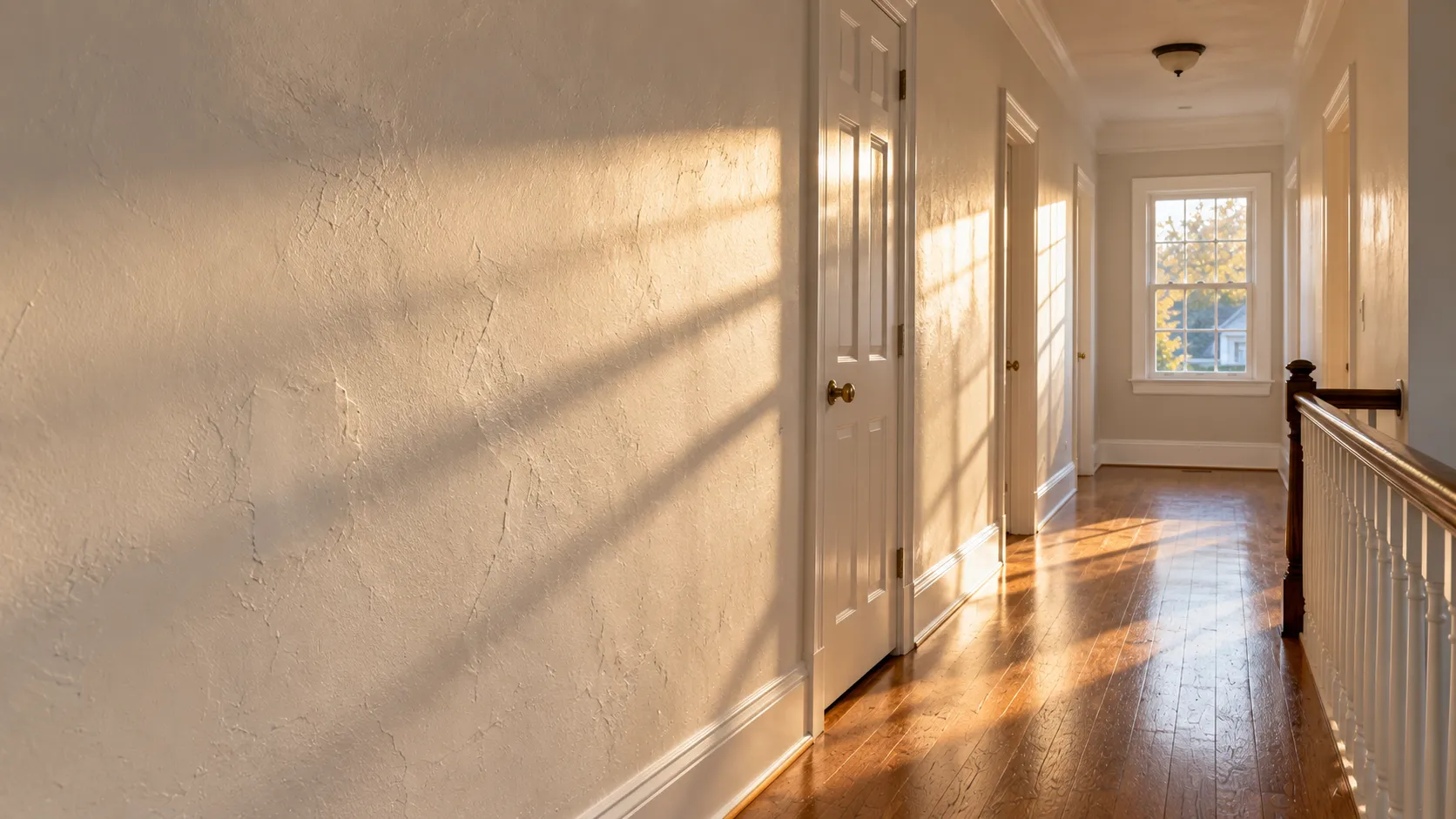 Low afternoon sunlight raking across an old plaster wall in a New Jersey colonial, revealing patches and gentle waves under a fresh eggshell finish