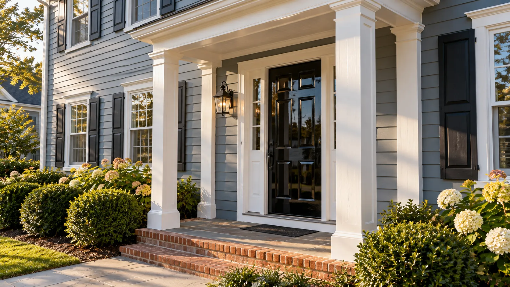 New Jersey colonial with low-sheen grey siding, satin white trim and a glossy black front door showing the difference in exterior paint sheens
