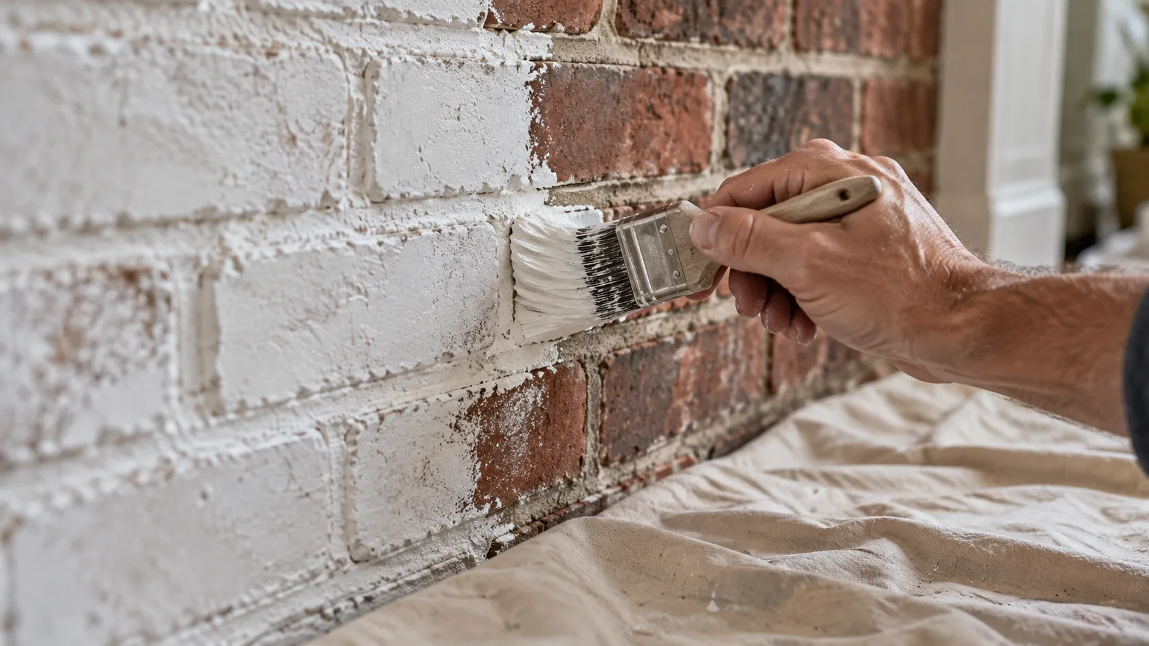 A painter's hand brushing white masonry primer into the mortar joints of a red brick fireplace surround with a stiff angled brush, a drop cloth spread over the hearth