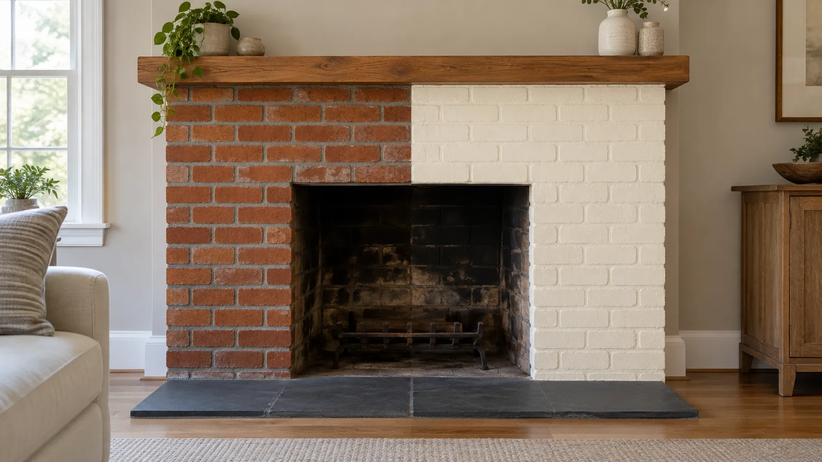 A brick fireplace surround split down the middle, the left half original red brick and the right half freshly painted soft white, showing the before and after on one fireplace