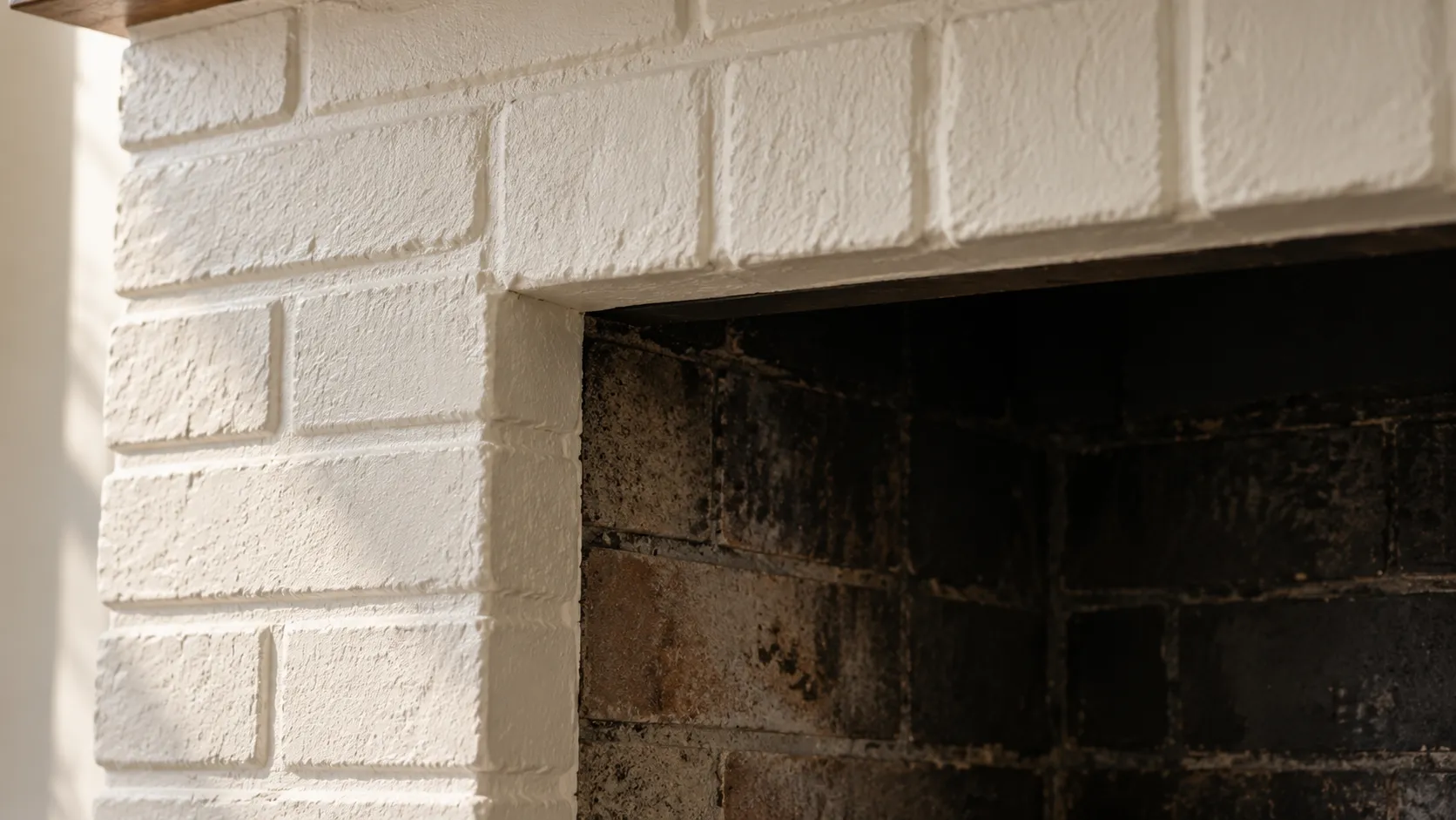 Close-up of the opening of a painted white brick fireplace showing a clean line where the painted surround stops and the dark, unpainted, sooty firebox interior begins