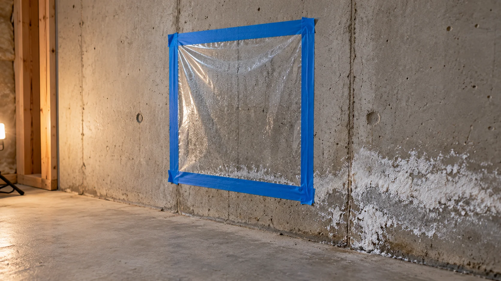 Square of clear plastic sheeting taped to a bare poured concrete basement wall as a moisture test, with a white efflorescence bloom visible on the block nearby