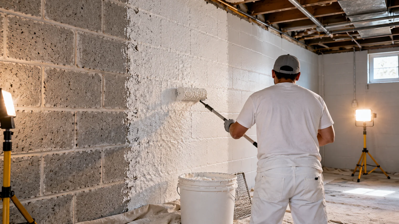 Painter back-rolling thick white block filler into a cinder block basement wall, with half the wall still bare grey block and the filled half showing a smooth uniform surface