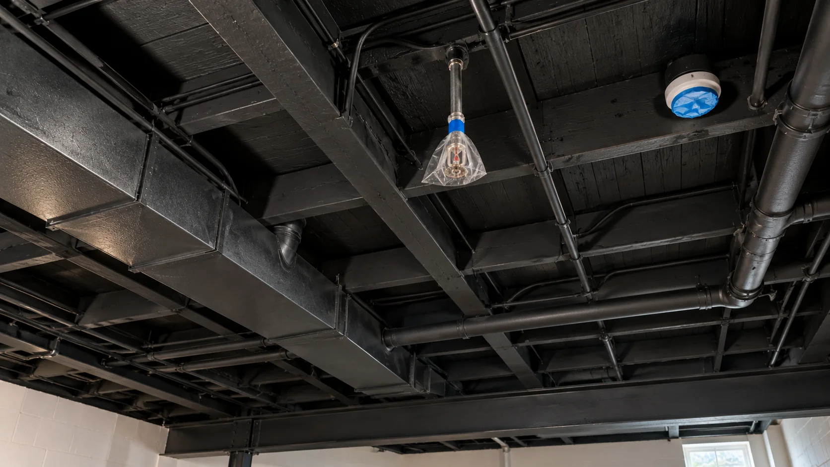 Unfinished basement ceiling of open wood joists, ductwork, pipes and wiring sprayed a uniform matte black, with a bagged and taped fire sprinkler head visible among the mechanicals