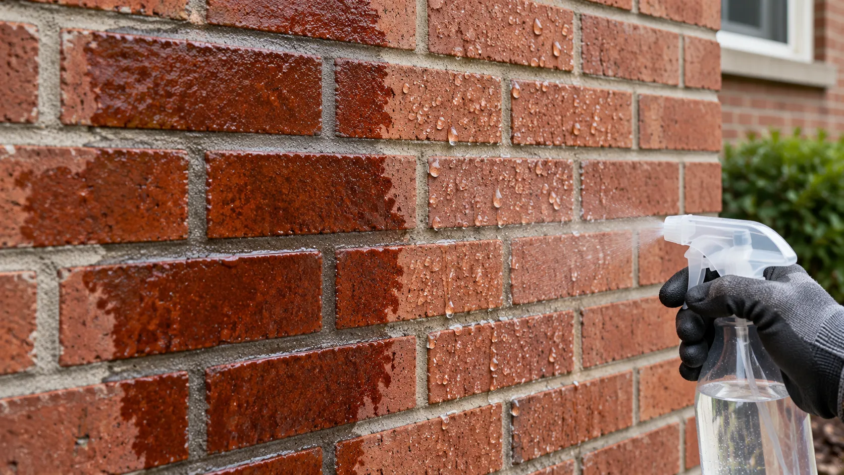 Water test before painting a brick house: water soaking into bare red brick on one side and beading on sealed brick beside it