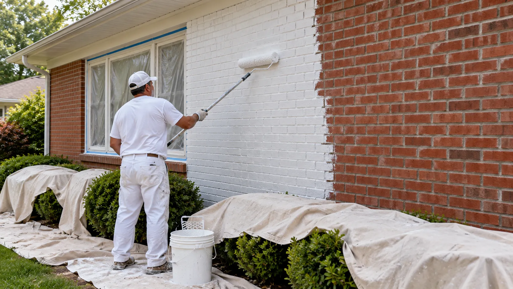 Painter back-rolling white masonry primer into the mortar joints of a red brick wall on a New Jersey ranch house