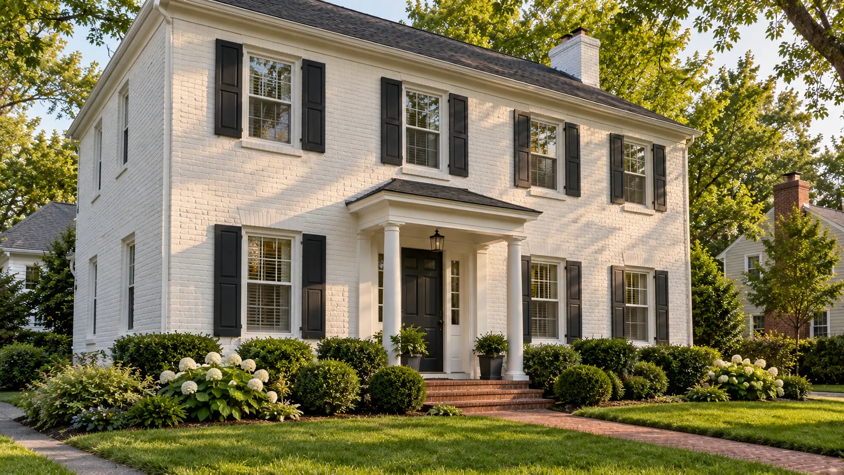 Painted brick house in New Jersey: a brick colonial freshly painted in soft white with black shutters and a clean, even matte finish