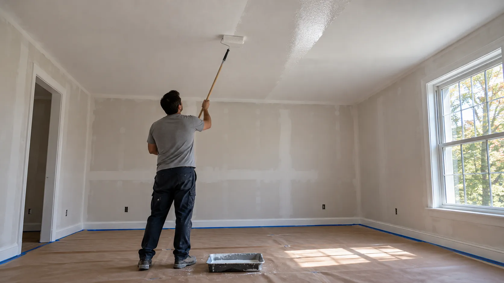 A painter rolling a ceiling with a nine-inch roller on an extension pole, working in a wide strip across a bare room with the floor papered