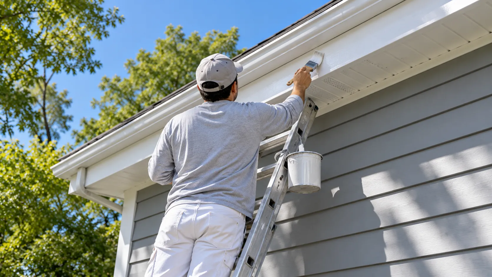 A painter seen from behind on an extension ladder, brushing white paint onto a wooden fascia board just below the gutter line of a New Jersey house