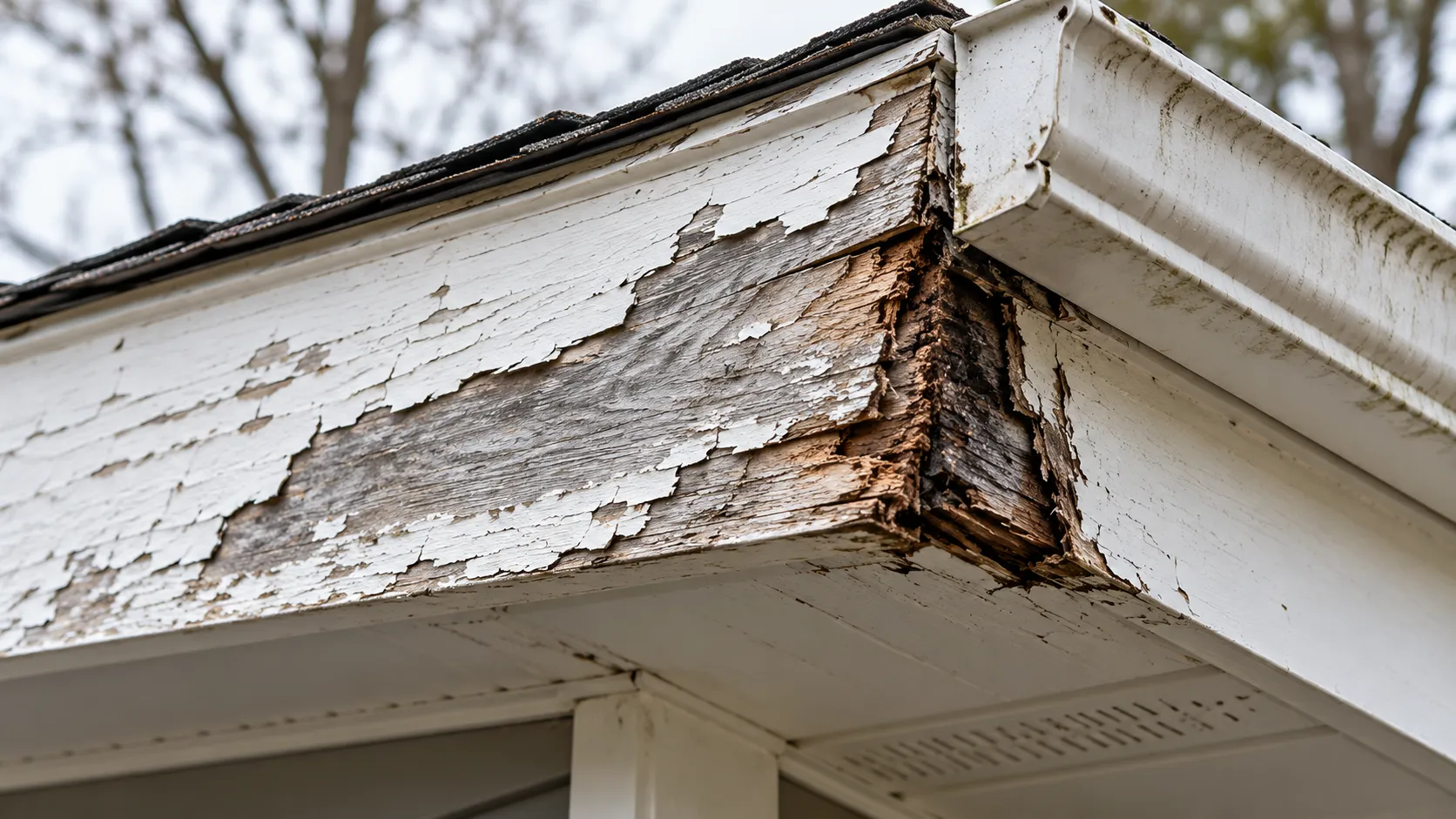 Close-up of an old weathered fascia board corner with peeling paint and soft, darkened, rotting wood
