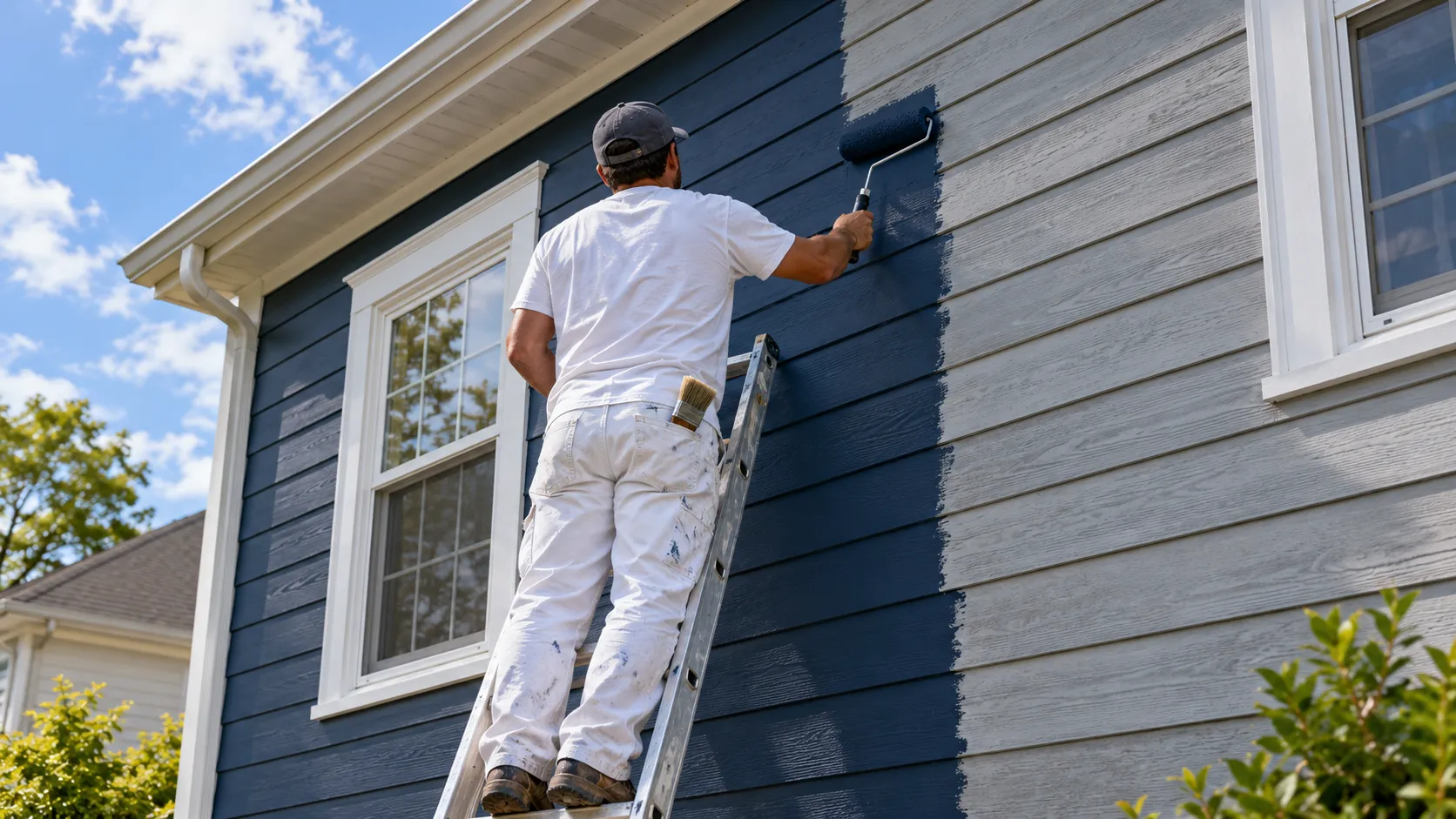 A painter seen from behind on a ladder, rolling deep navy-blue exterior paint onto horizontal fiber cement lap siding while holding a brush in the other hand for the lap edges