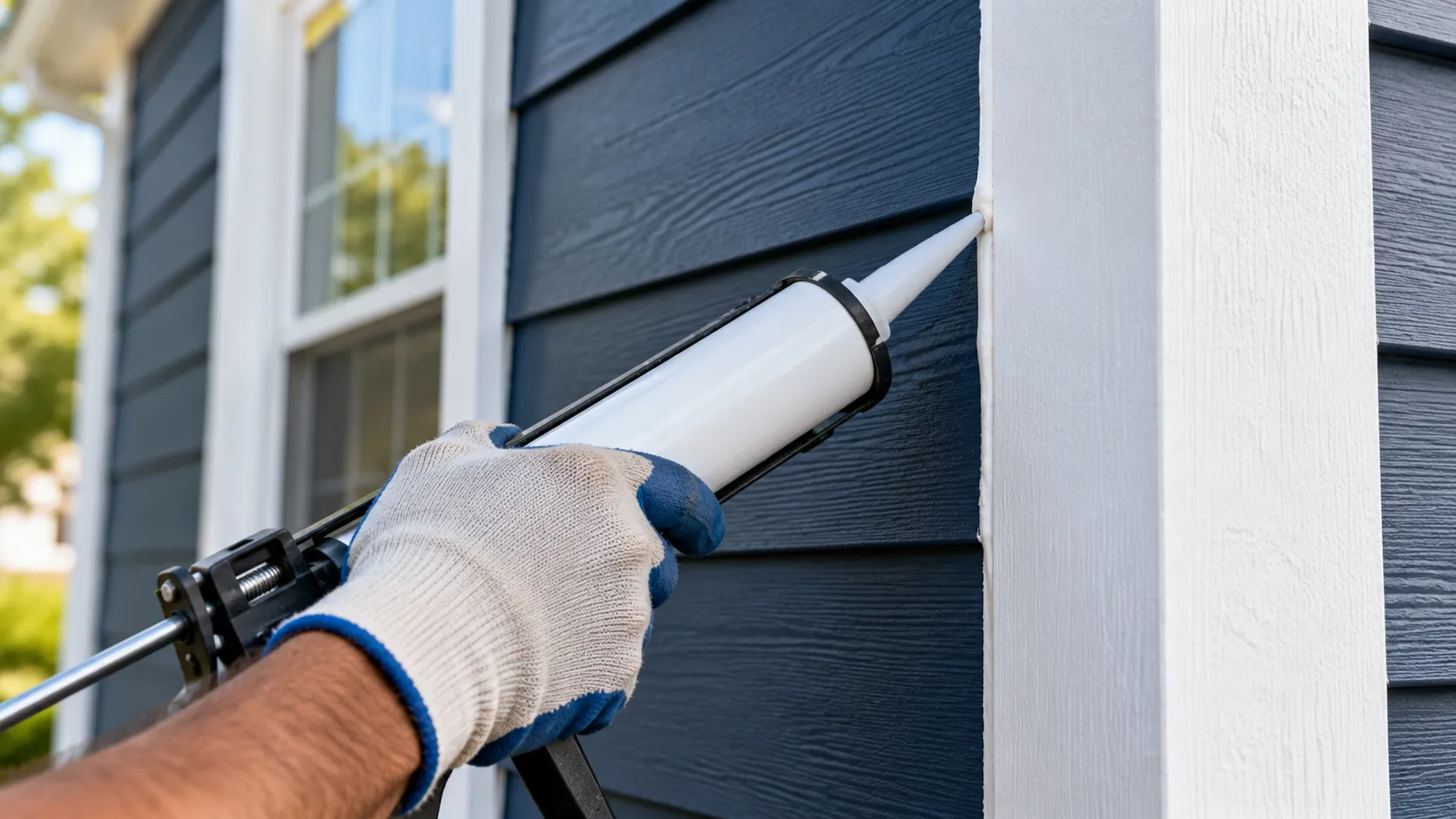 Close-up of a gloved hand running a bead of caulk into a butt joint between two fiber cement siding planks, beside a white corner trim board