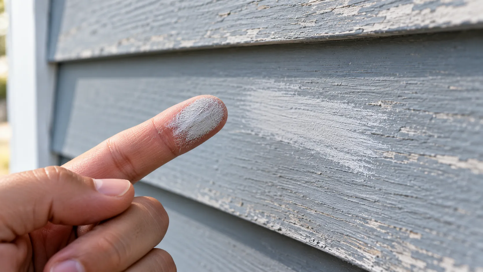 Close-up of a fingertip covered in white chalky residue after being rubbed across a faded, weathered painted fiber cement siding plank