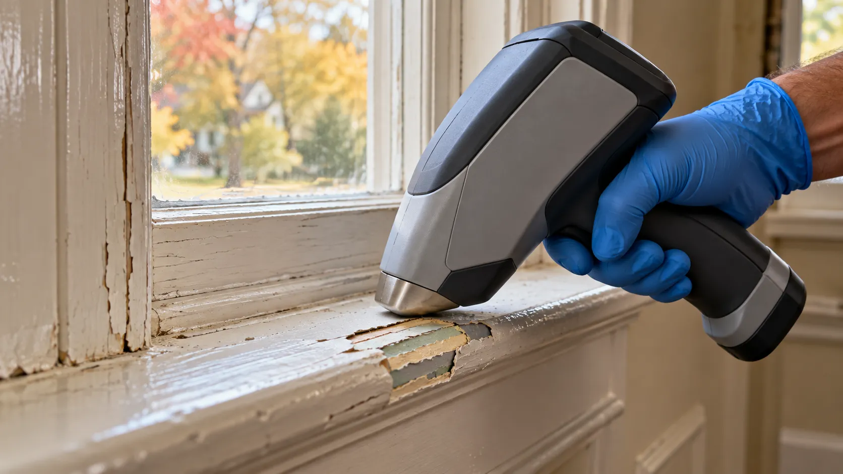 Lead inspection in an older New Jersey home: a gloved hand holding a handheld XRF analyzer against layered paint on an old wooden window sill