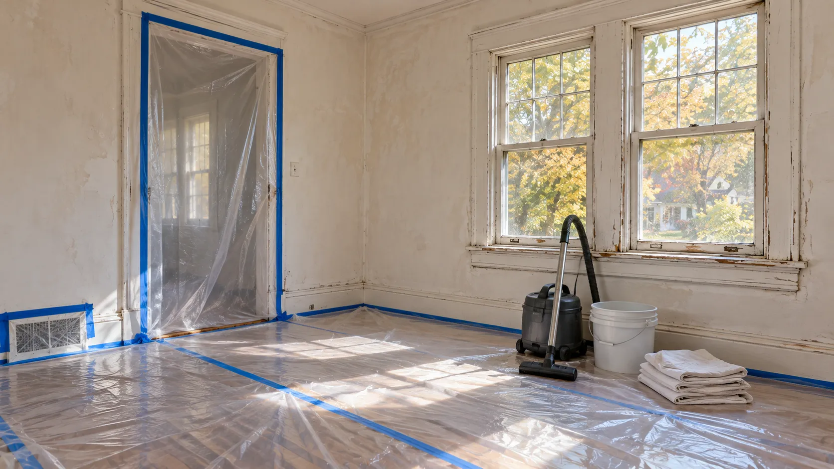 Interior lead-safe painting containment: an older room with plastic sheeting taped over the floor and doorway and a HEPA vacuum ready beside a wooden window