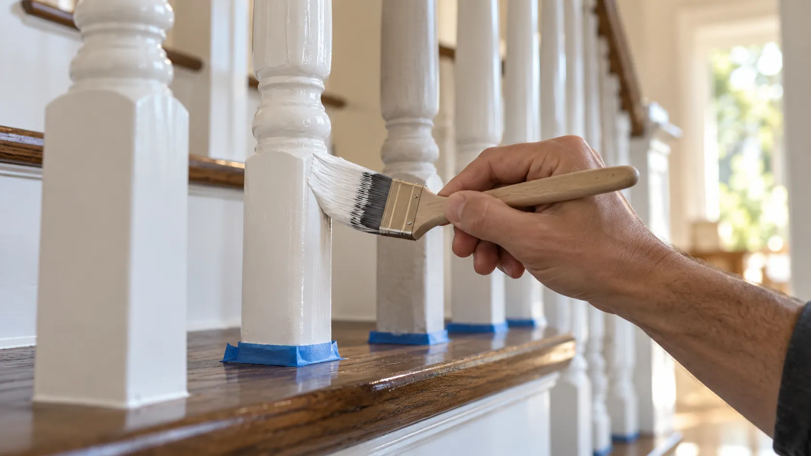 Close-up of a painter's hand brushing white semi-gloss enamel onto a turned wooden stair baluster, with painter's tape along the edge of the tread below
