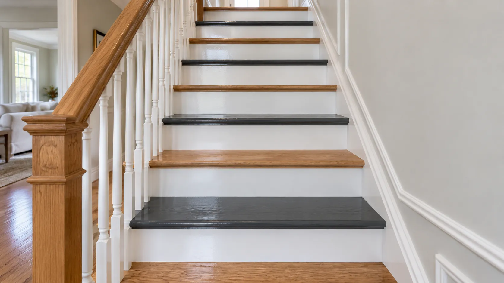 A straight interior staircase mid-job, with alternate treads freshly painted and the treads between them left unpainted so the stairs can still be used
