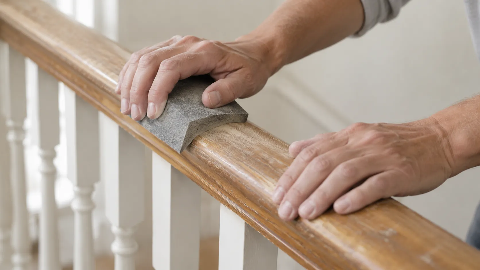 Hands sanding a stained oak handrail with a sanding sponge, following the curve of the rail, before refinishing