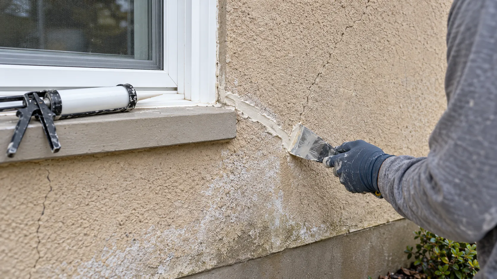 Painter filling a diagonal crack at the corner of a window in tan stucco on a New Jersey house before painting