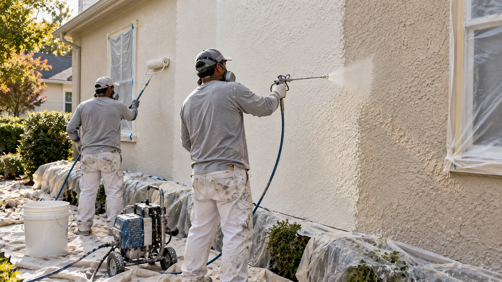 Stucco painting in progress: one painter spraying masonry paint on a textured stucco wall while a second back-rolls behind him