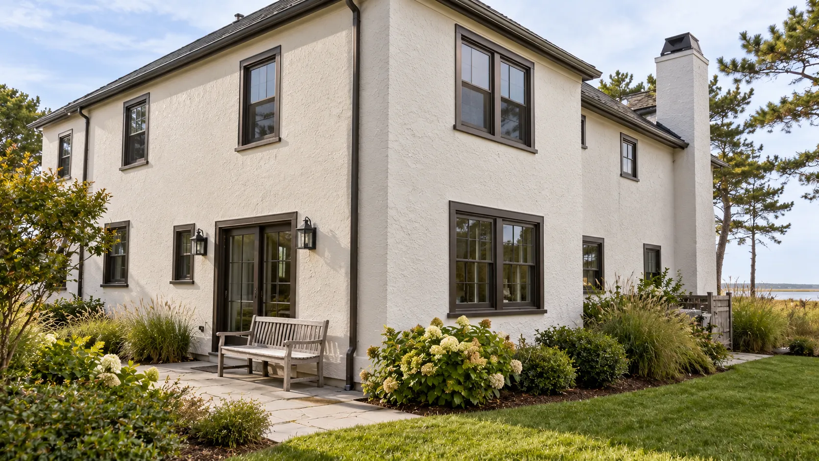 Two-story stucco house in New Jersey freshly painted a warm off-white with dark trim and a clean, even finish