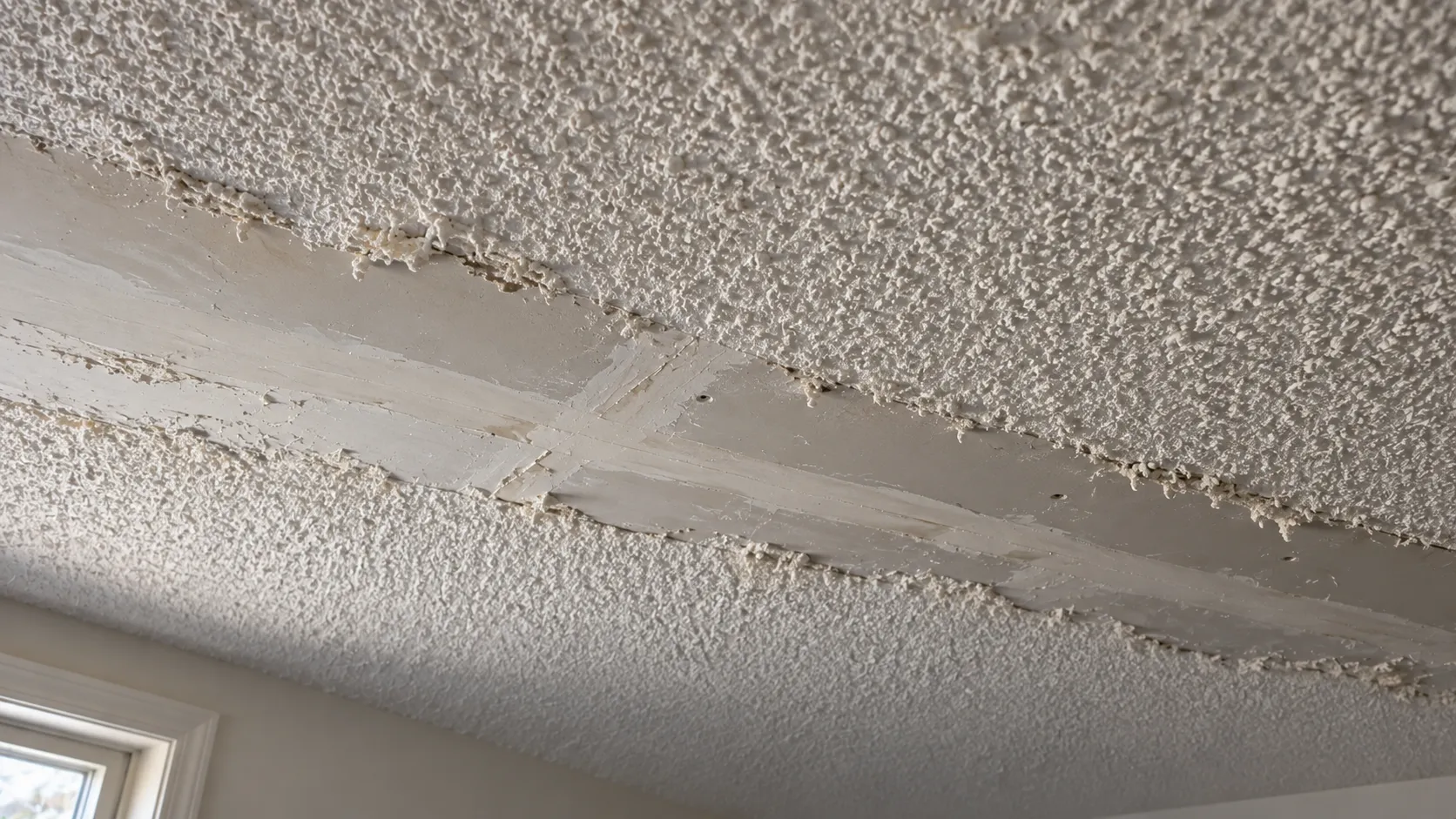 Close-up of a white popcorn ceiling in a New Jersey bedroom with a strip scraped away to show the taped drywall seam underneath