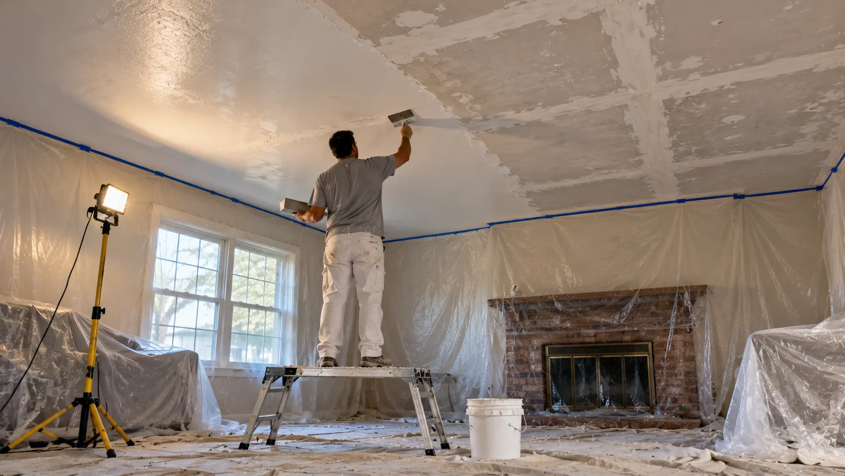 Painter seen from behind on a low platform skim coating a scraped ceiling with joint compound in a plastic-draped living room