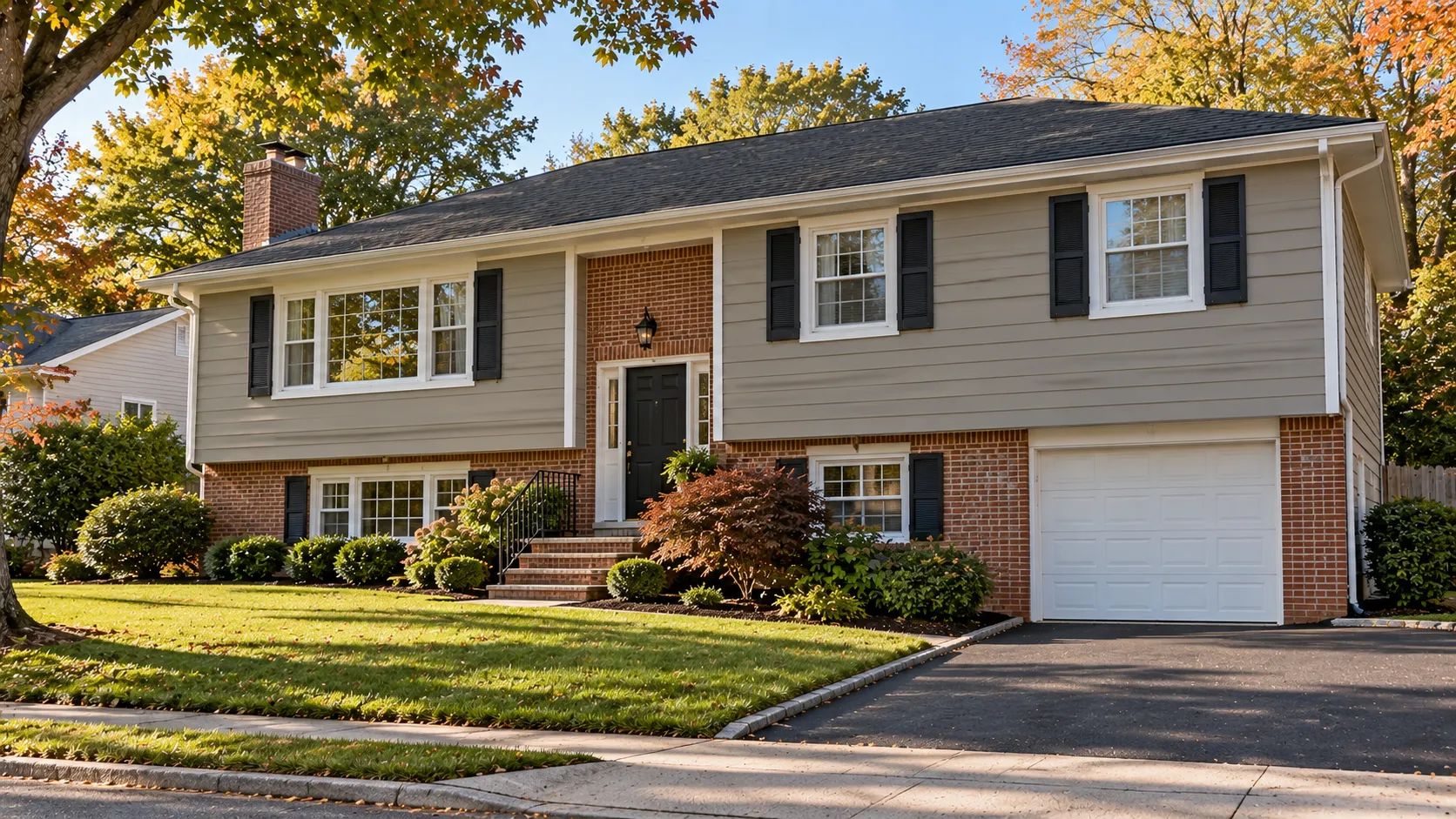 New Jersey split-level house with a red brick lower level, warm greige painted siding above, white trim and black shutters
