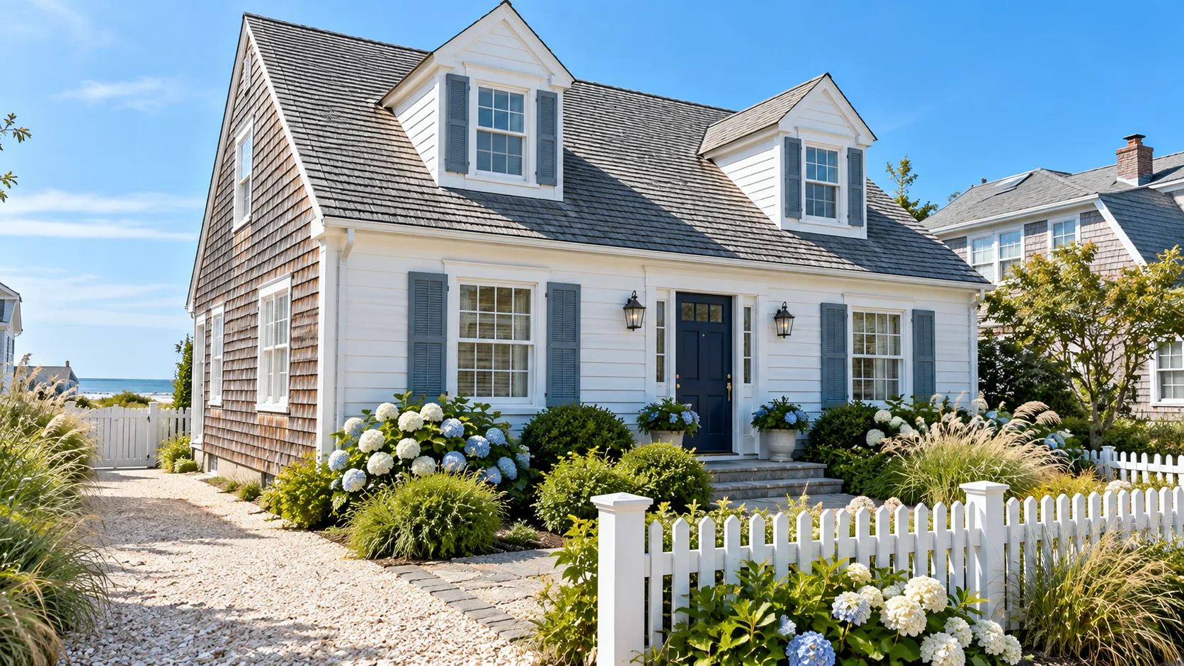 Jersey Shore Cape Cod house painted soft white with a navy front door and gray-blue shutters in bright coastal sun
