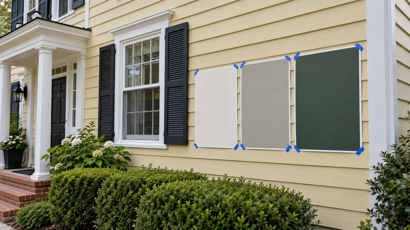 Three large painted sample boards in white, greige and deep green held against the siding of a New Jersey colonial beside white trim