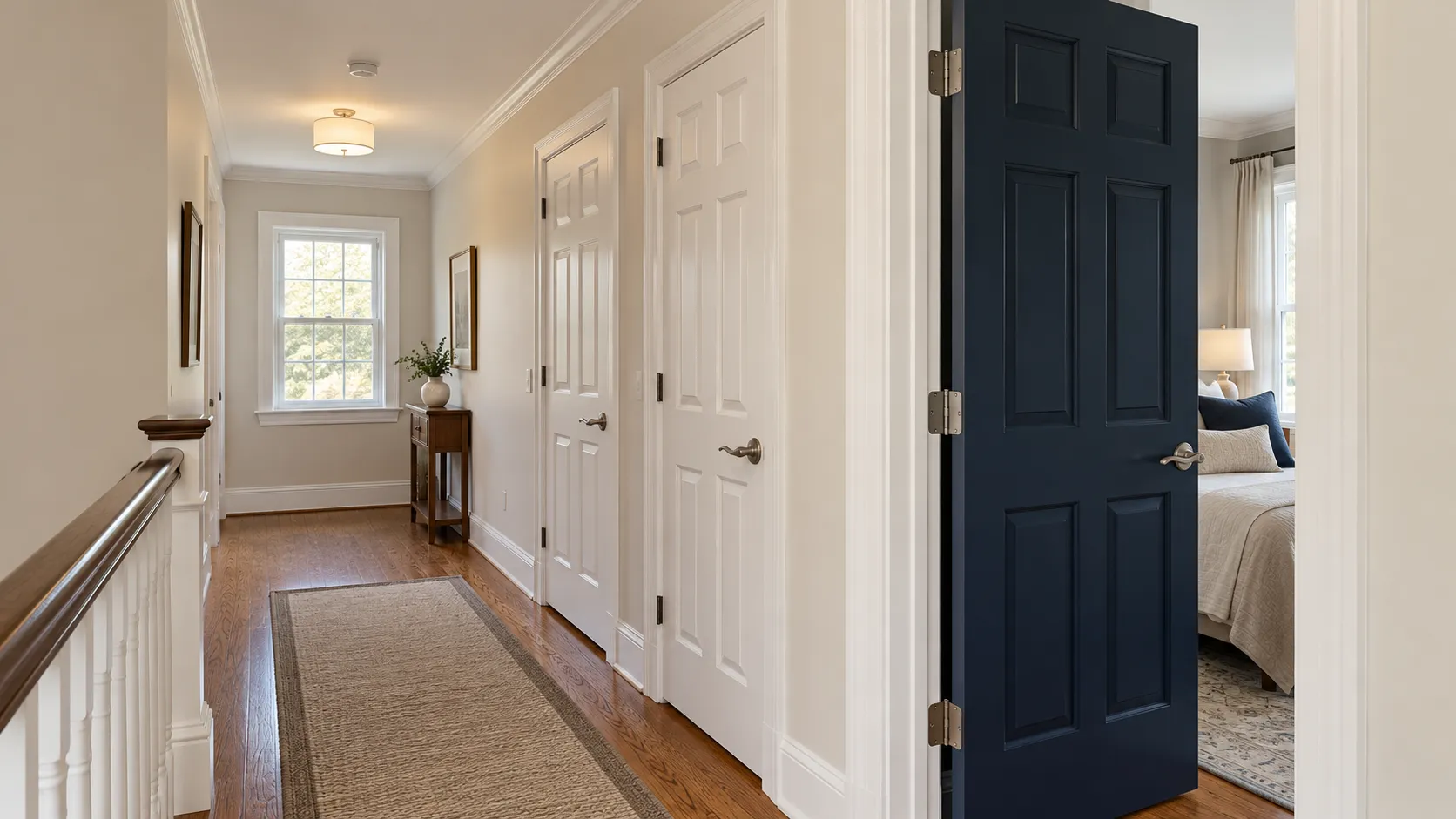 Hallway in a New Jersey home with white walls and white trim where a single interior door has been painted deep navy blue on its inside face