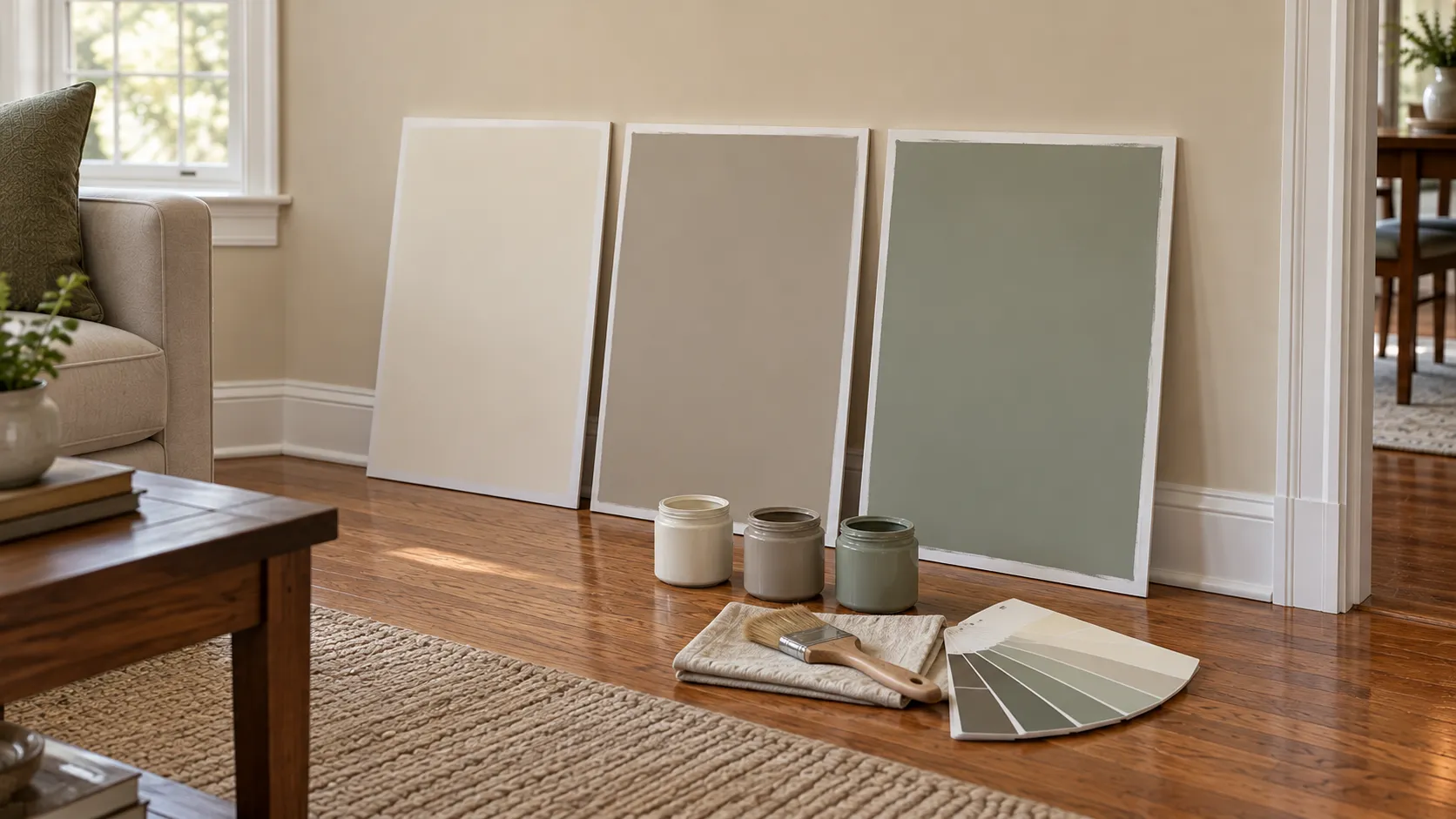 Three large painted sample boards in warm white, greige and sage green propped against the wall of a New Jersey living room beside oak flooring and white trim