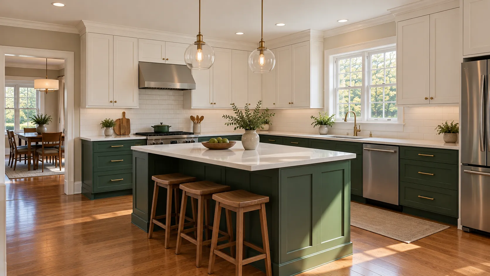 Two-tone New Jersey kitchen with soft white upper cabinets and deep green painted lower cabinets and island, brass hardware and a white quartz countertop