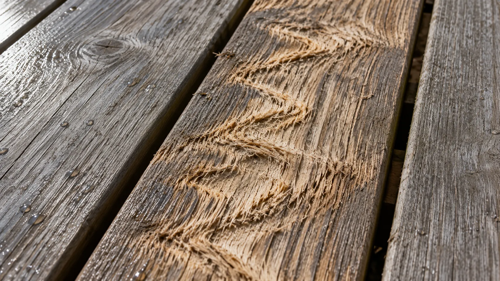 Pressure washer damage on a cedar deck board with raised, furred grain and wand marks next to an undamaged weathered board