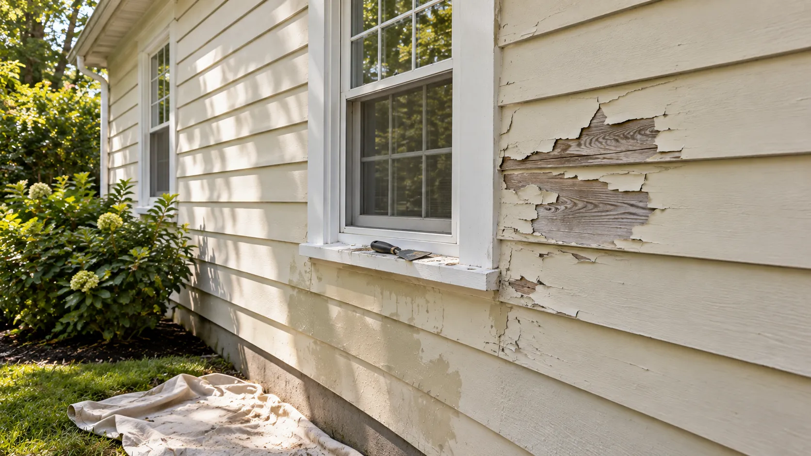 Freshly washed painted clapboard siding on an older New Jersey home drying in the sun, with one area of peeling paint exposed and ready for scraping and priming