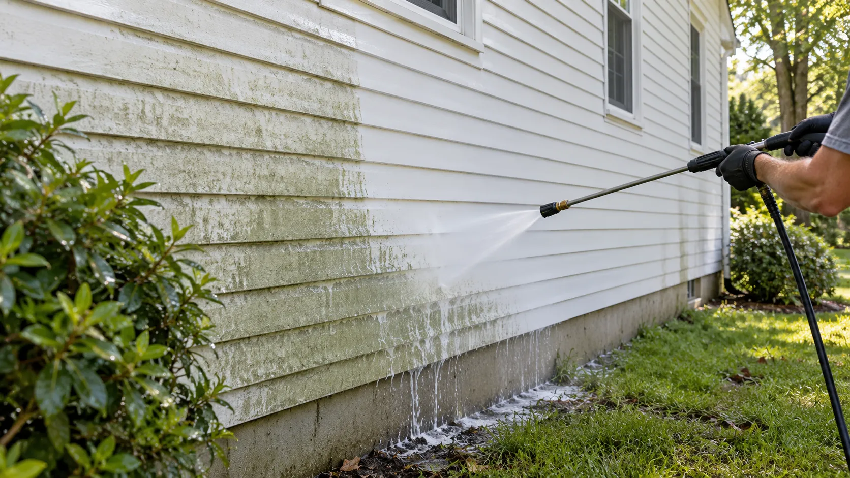 Painter power washing mildew off white vinyl siding on a New Jersey colonial with a wide fan spray held at a downward angle