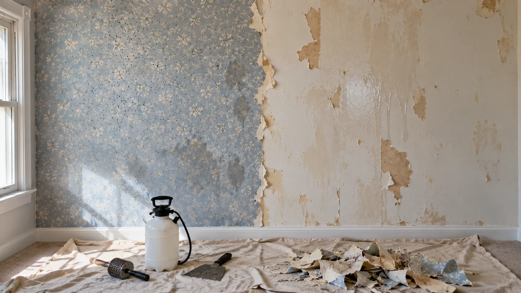 Half-stripped floral wallpaper on a bedroom wall in a New Jersey home, with a scoring tool, pump sprayer and wide scraper on a drop cloth below