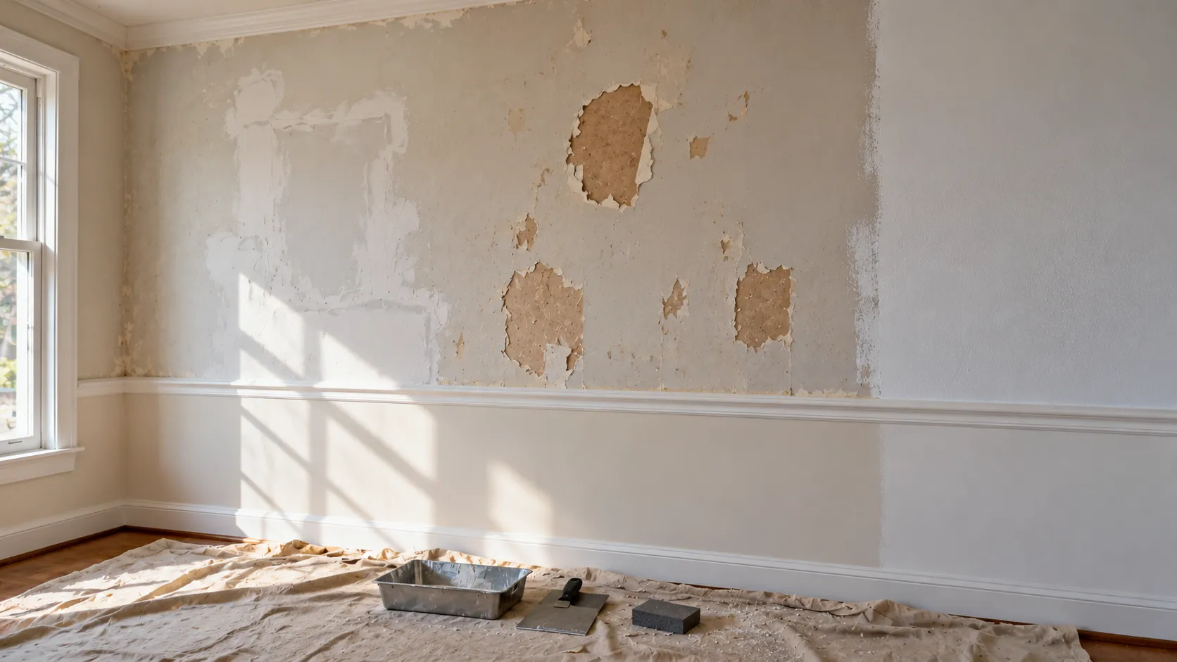 Bare drywall wall after wallpaper removal in a New Jersey dining room, showing torn brown drywall paper, patches of joint compound and a section sealed with primer