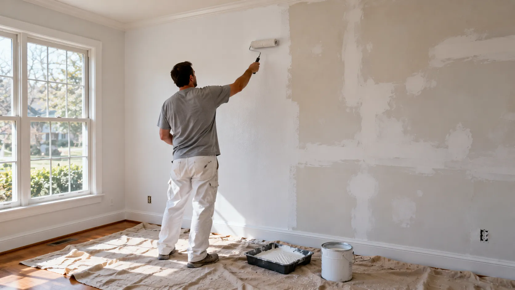 Painter rolling white primer onto a smooth repaired wall after wallpaper removal in a New Jersey living room, seen from behind