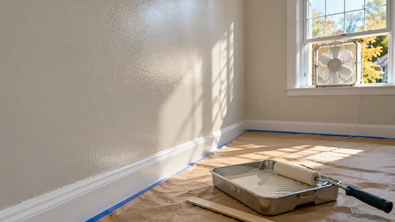 Freshly painted bedroom wall with a window open and a box fan in the window, a roller and tray on protective paper on the floor