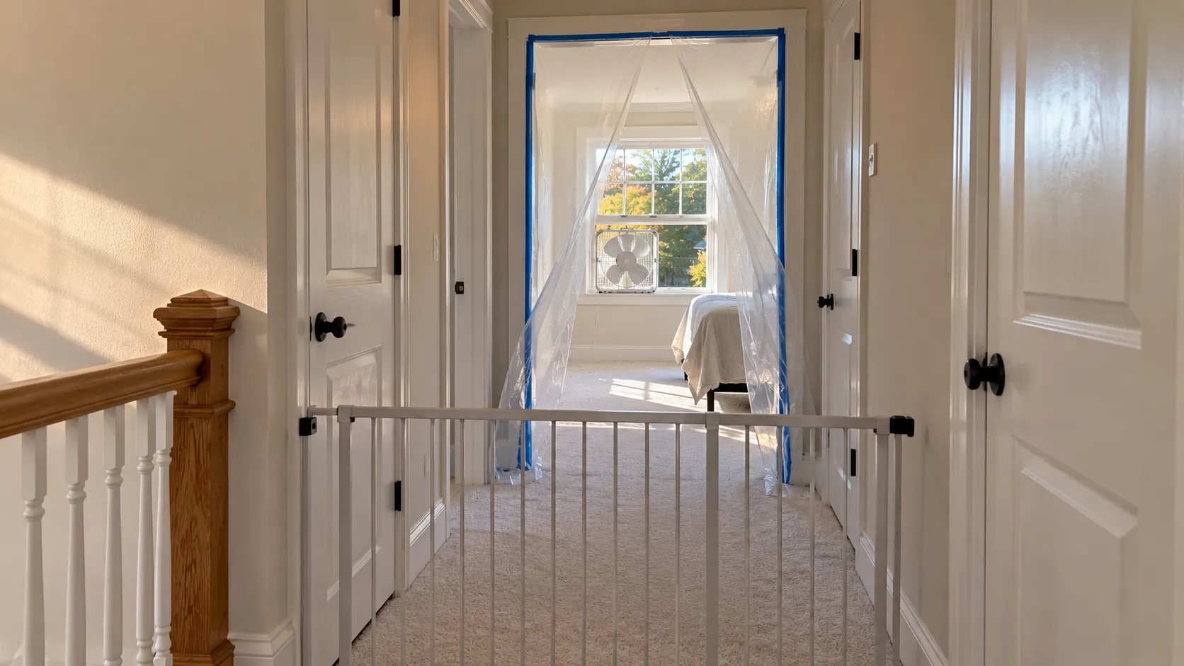Interior doorway sealed with plastic sheeting and tape while a painted room beyond is ventilated by an open window, with a dog gate across the hallway