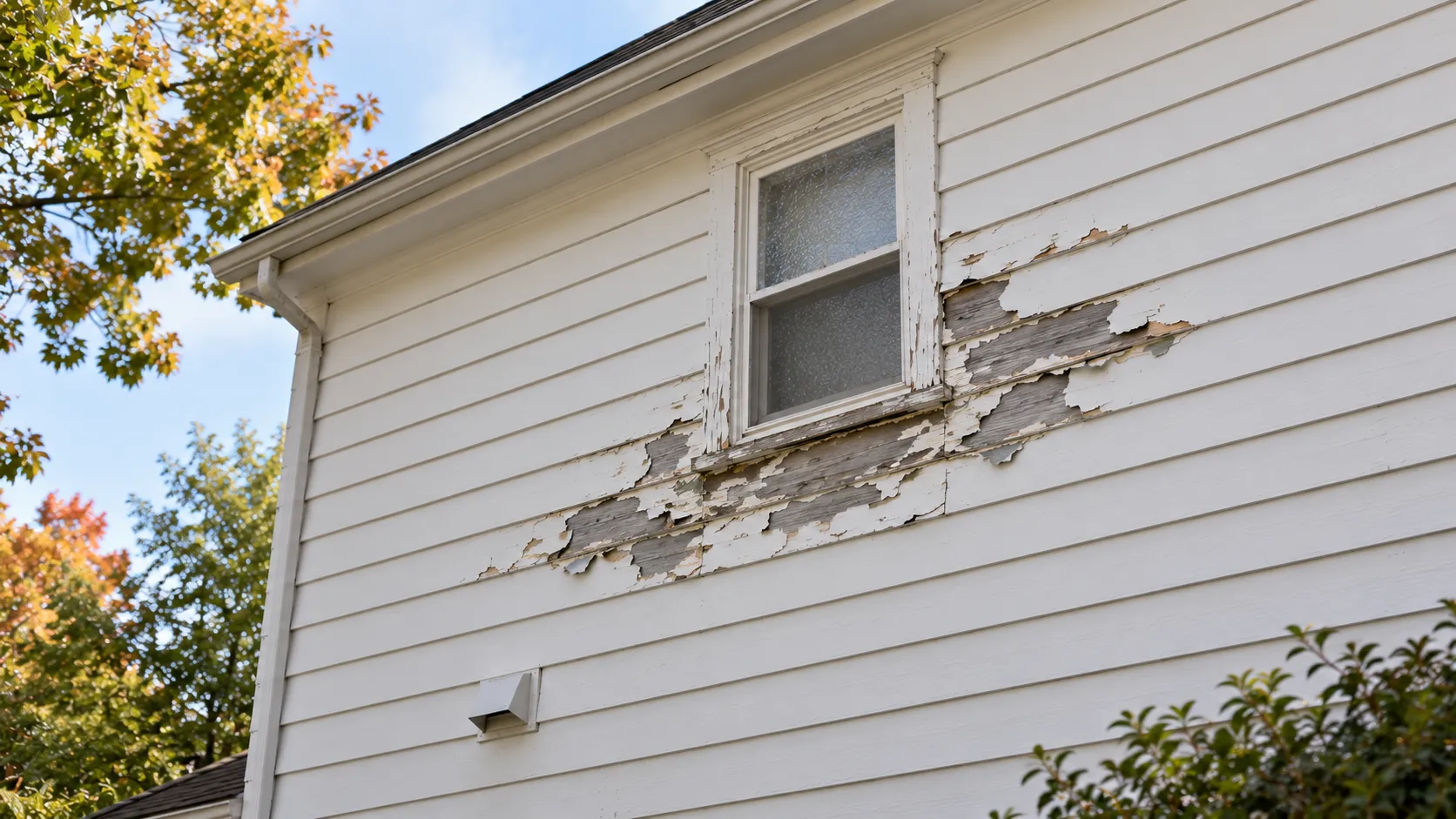 Exterior paint peeling to bare wood on white clapboard siding below a second-floor bathroom window on a New Jersey colonial