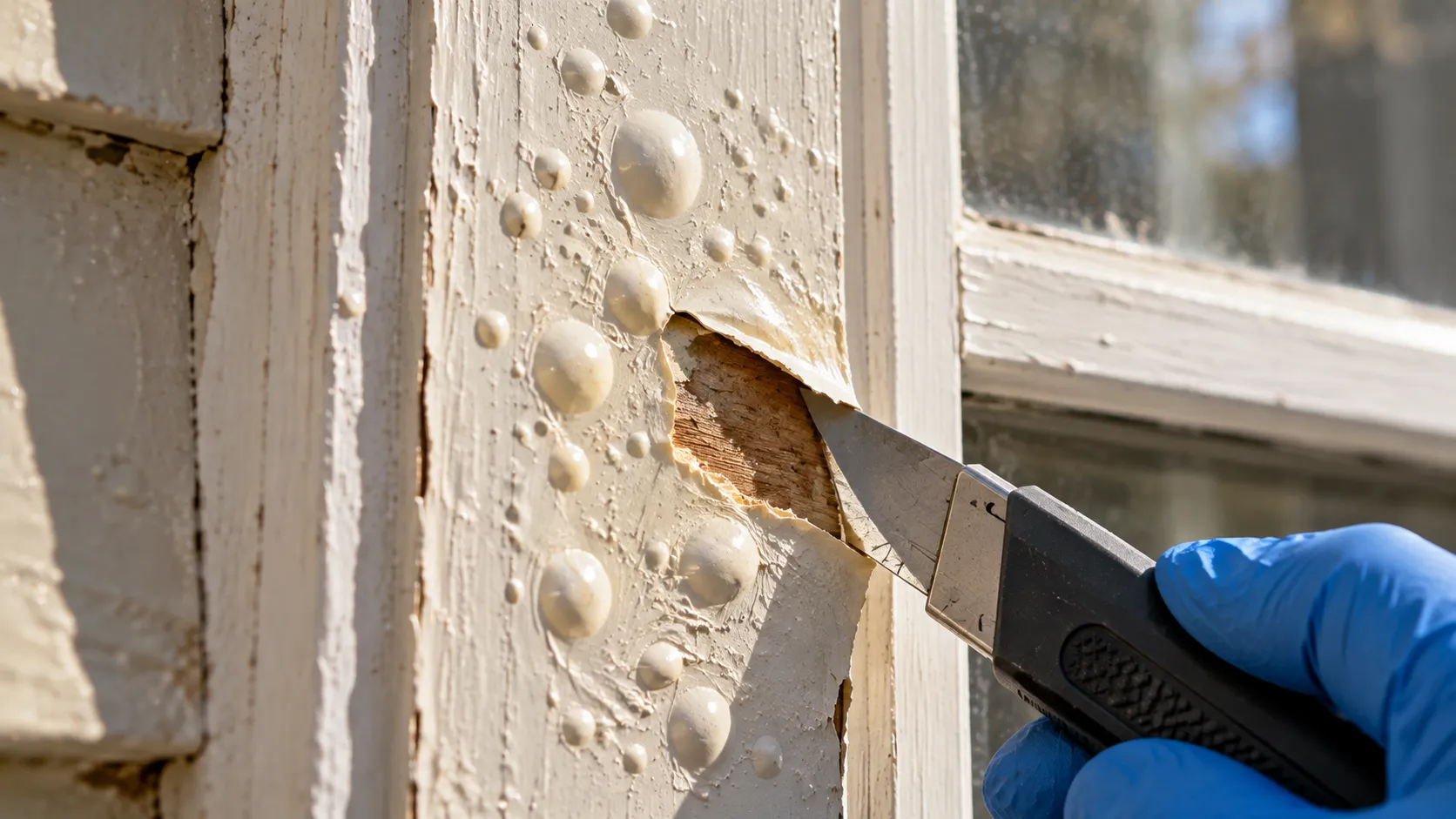 Blistering paint on a painted wood window casing, with one blister cut open to show whether bare wood or an older paint layer is underneath
