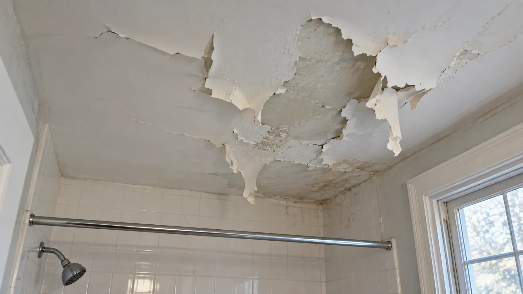 Paint peeling off a bathroom ceiling above a shower in an older New Jersey home, with curled flakes of white paint and a darker patch of old ceiling paint